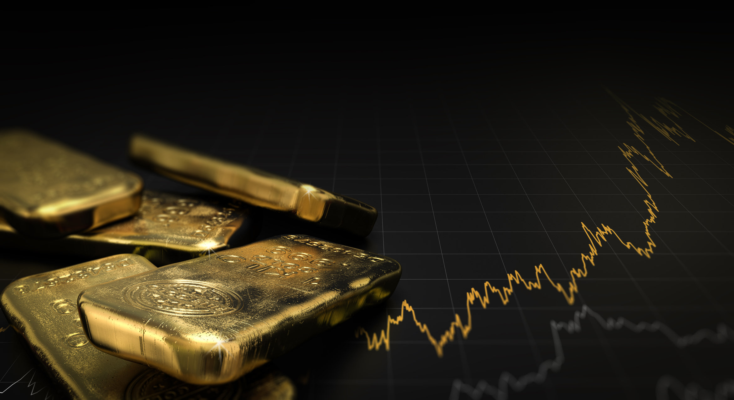 Cast gold bullion bars on a dark ground, beside a rising gold price chart.
